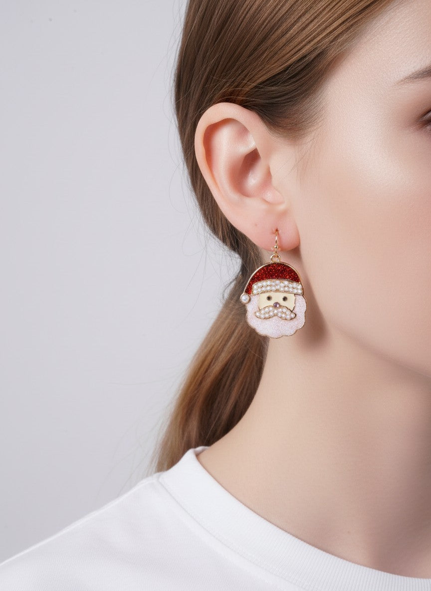 Pearl Enameled Polished Santa Hook Drop Earrings