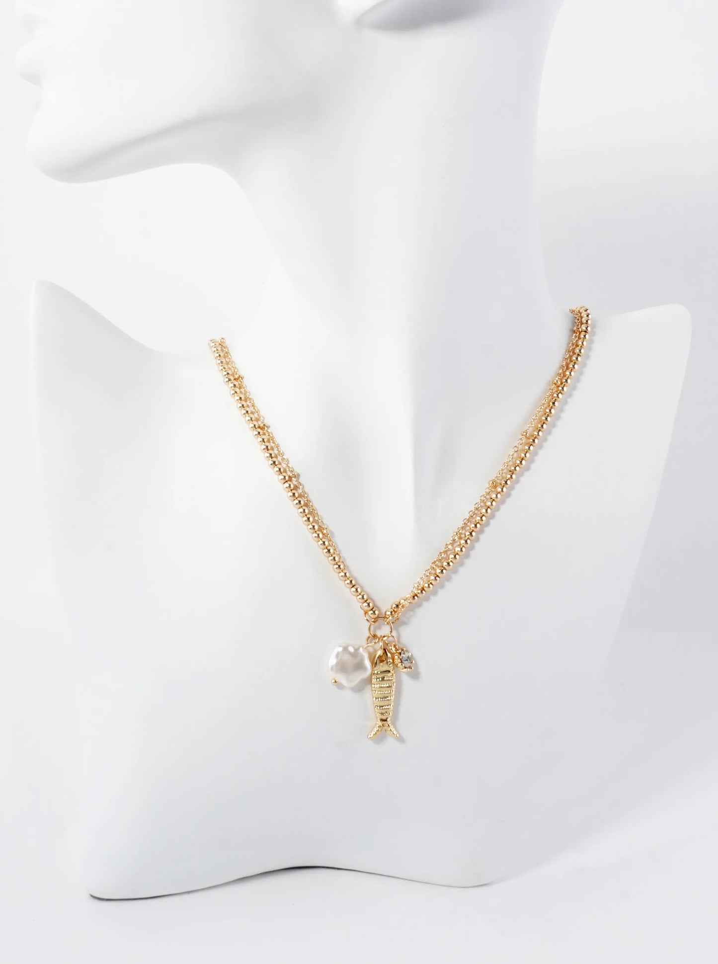 Pearl Fish Rhinestone Pendant Metallic-Beaded Sea-Life Layered 17-Inch Necklace
