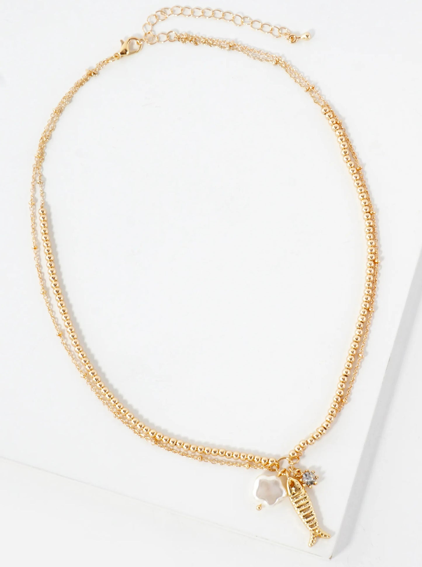 Pearl Fish Rhinestone Pendant Metallic-Beaded Sea-Life Layered 17-Inch Necklace