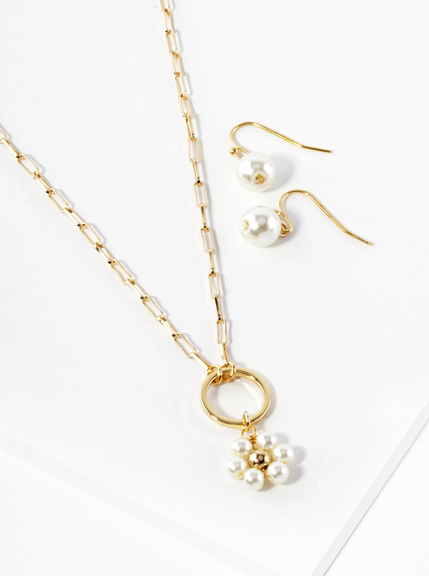 Pearl Flower Pendant Necklace Set With Earrings