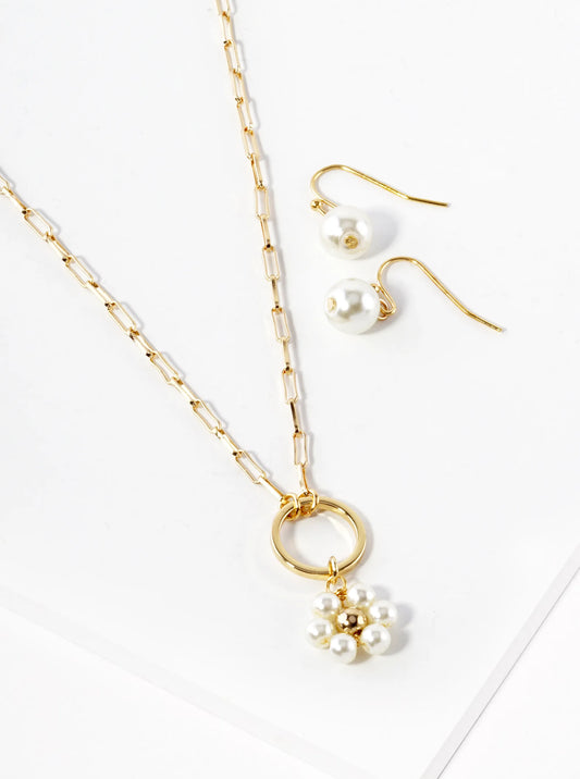 Pearl Flower Pendant Necklace Set With Earrings