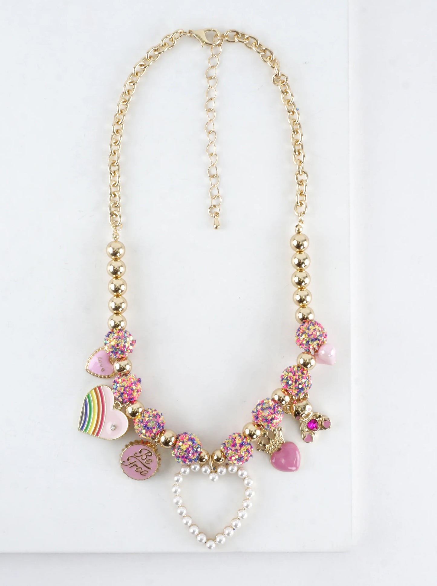 Pearl Heart Rainbow Charm Beaded Necklace