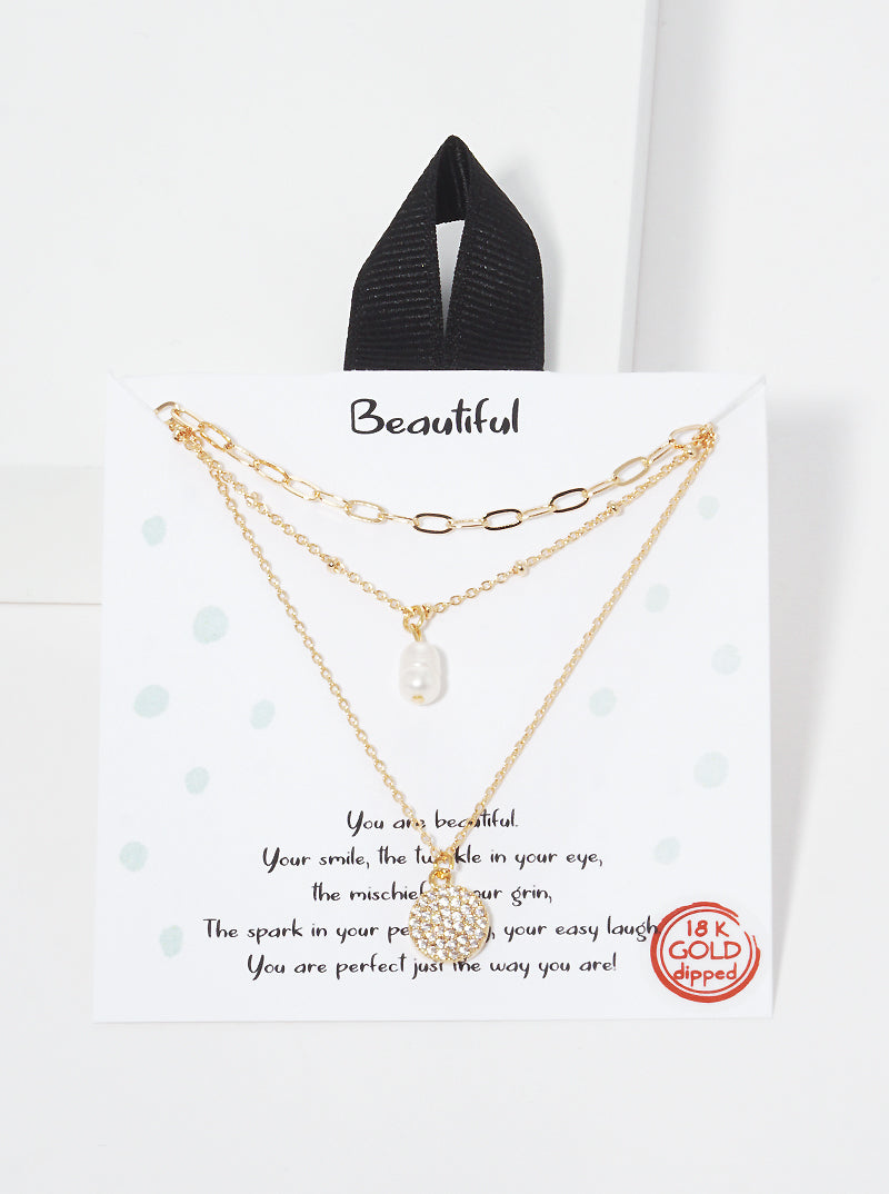 Pearl Pave-Set-CZ Round Pendant 18K-Gold-Dipped Layered Necklace