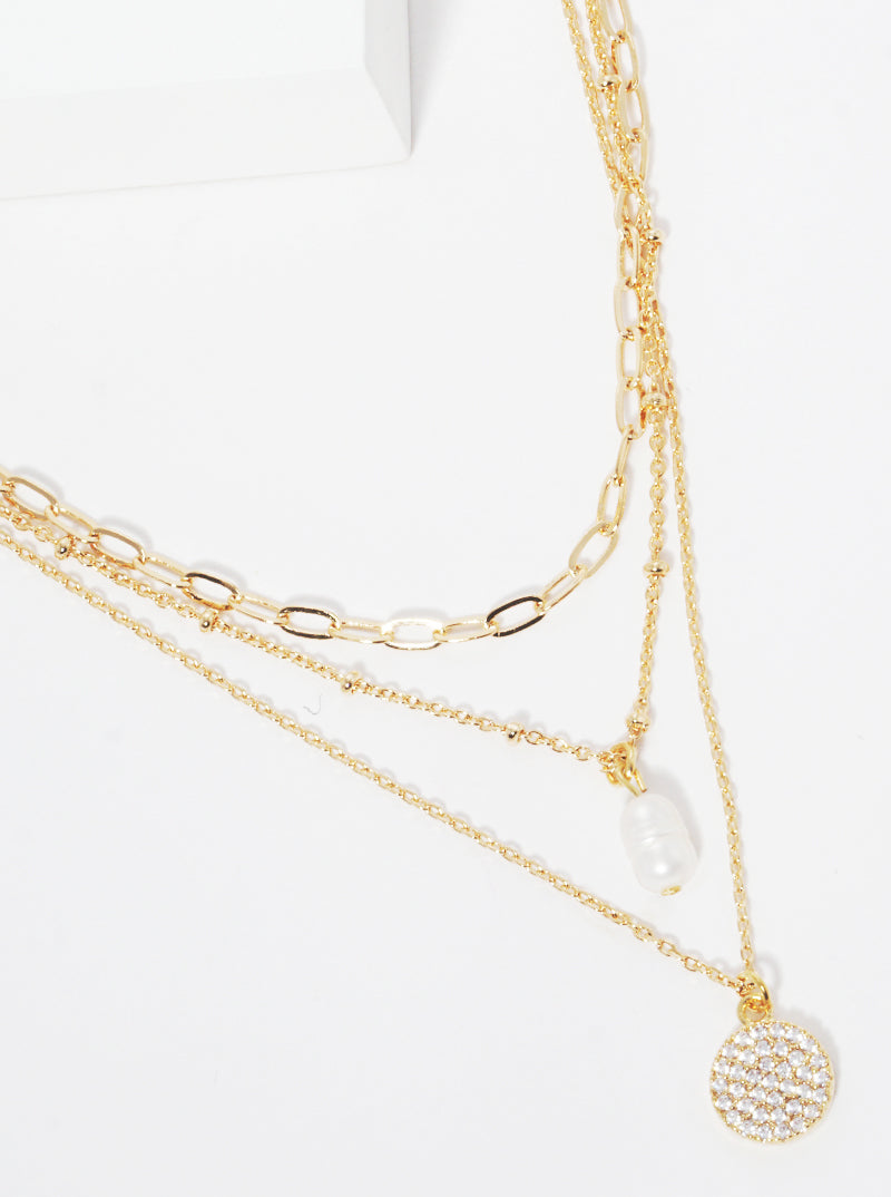 Pearl Pave-Set-CZ Round Pendant 18K-Gold-Dipped Layered Necklace