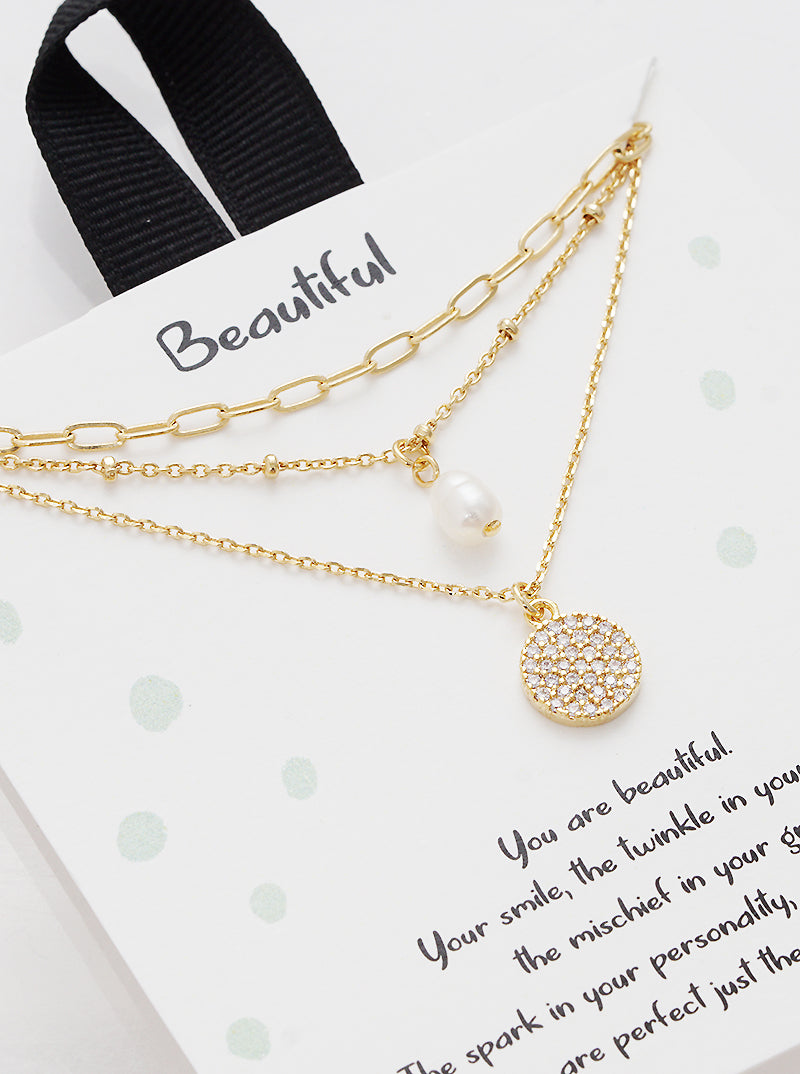 Pearl Pave-Set-CZ Round Pendant 18K-Gold-Dipped Layered Necklace