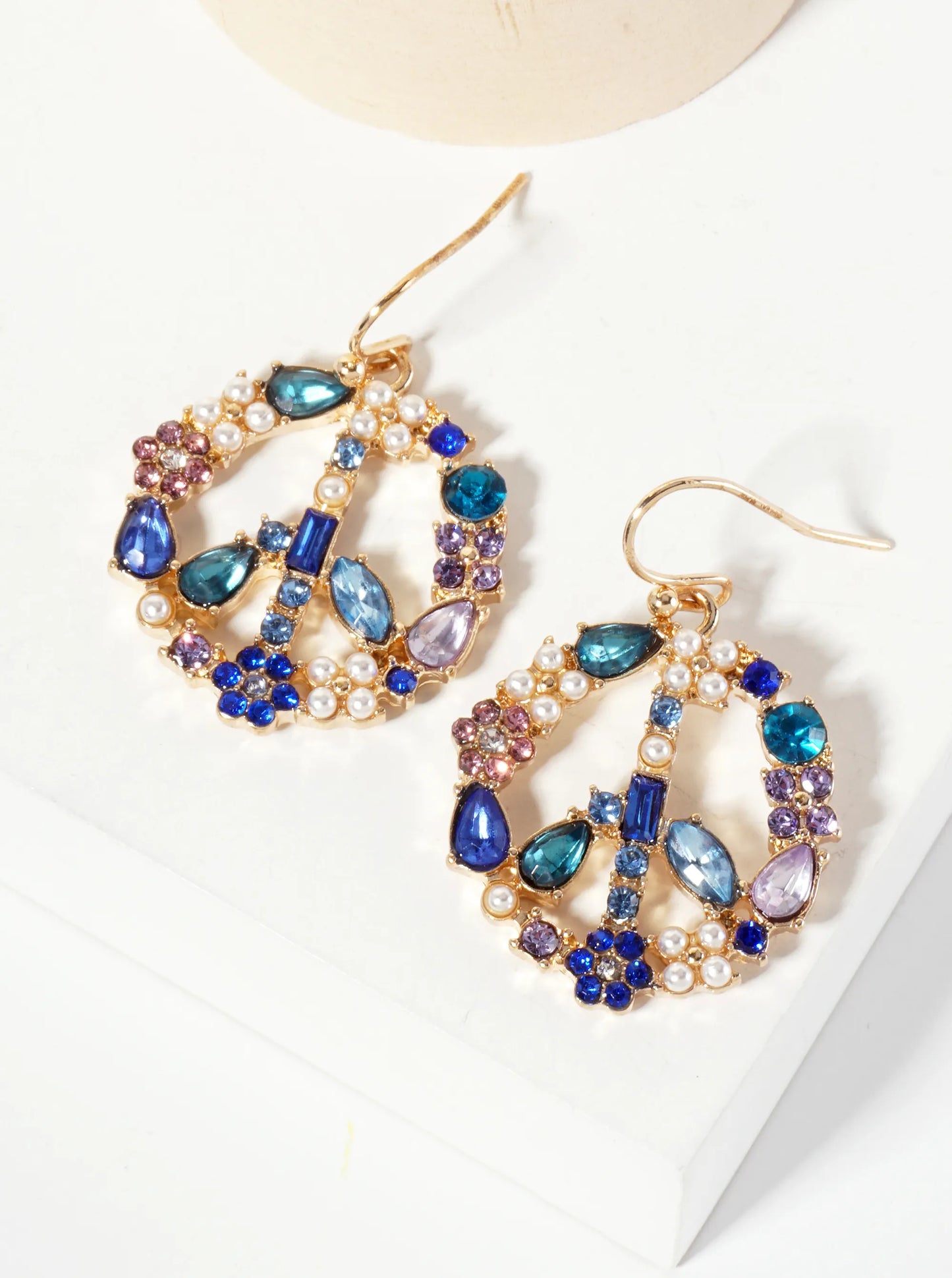 Pearl Rhinestone 1-inch Peace-Sign Dangle Drop Earrings