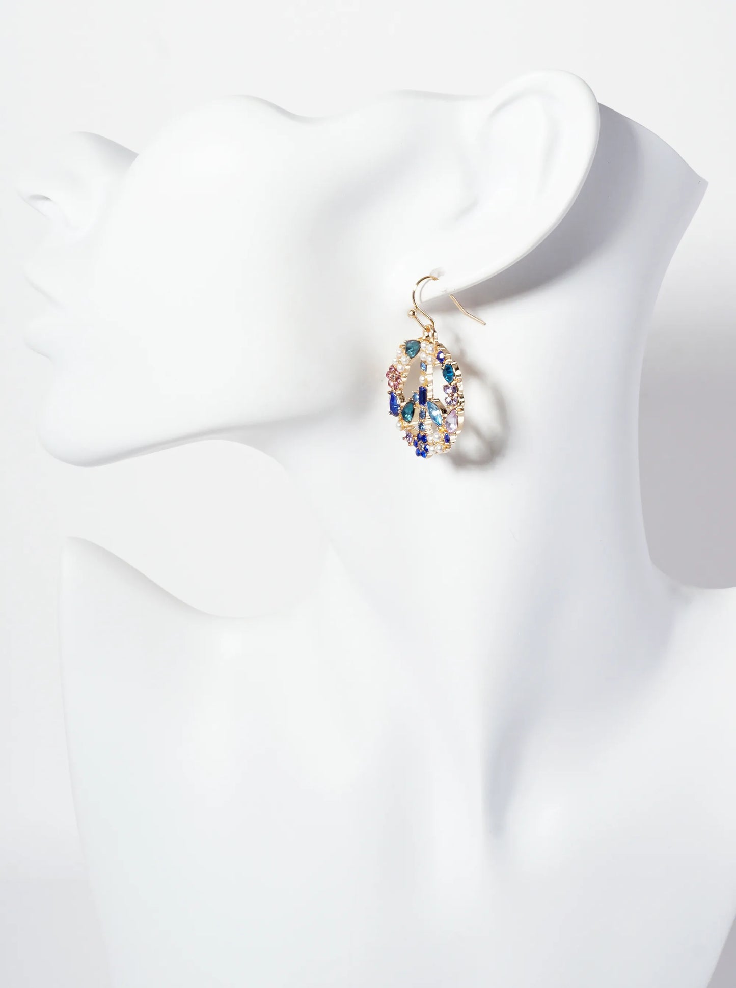Pearl Rhinestone 1-inch Peace-Sign Dangle Drop Earrings