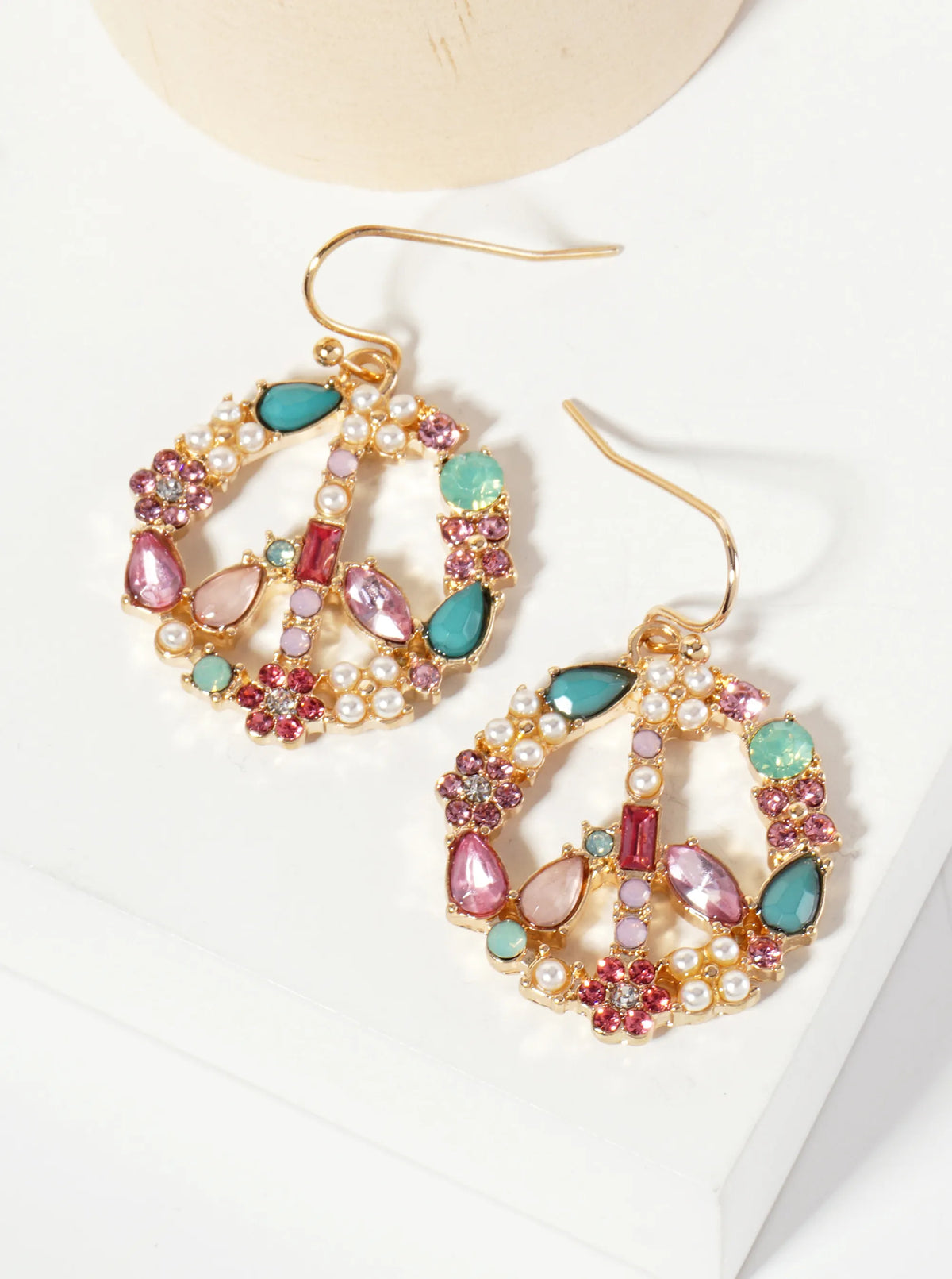 Pearl Rhinestone 1-inch Peace-Sign Dangle Drop Earrings