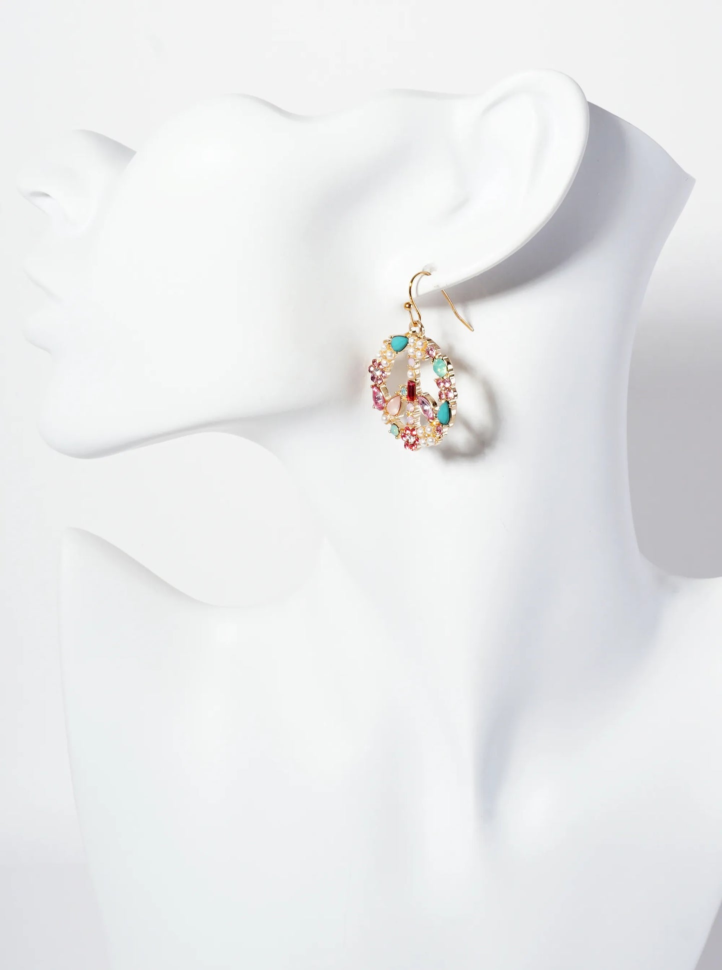 Pearl Rhinestone 1-inch Peace-Sign Dangle Drop Earrings