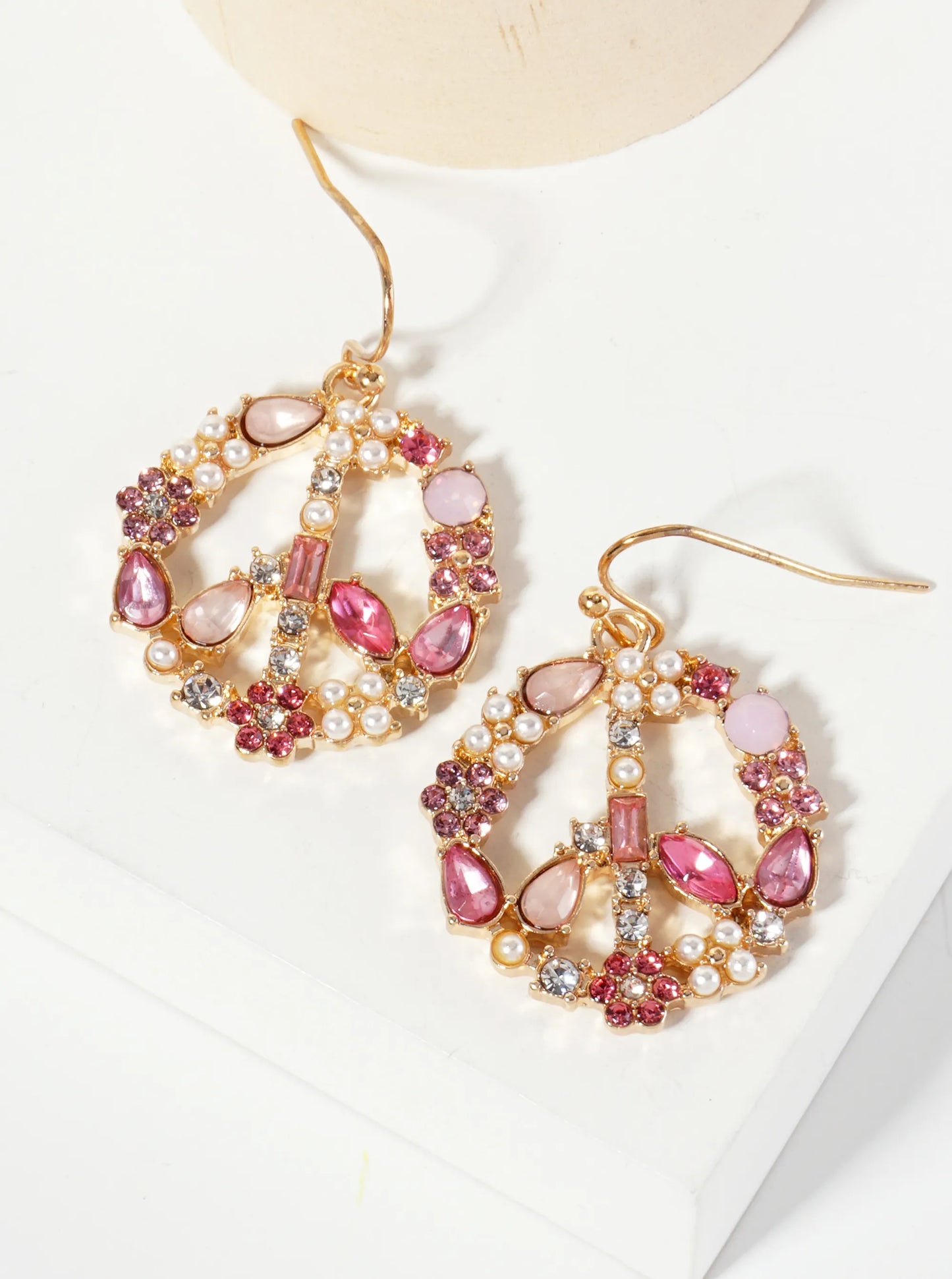 Pearl Rhinestone 1-inch Peace-Sign Dangle Drop Earrings