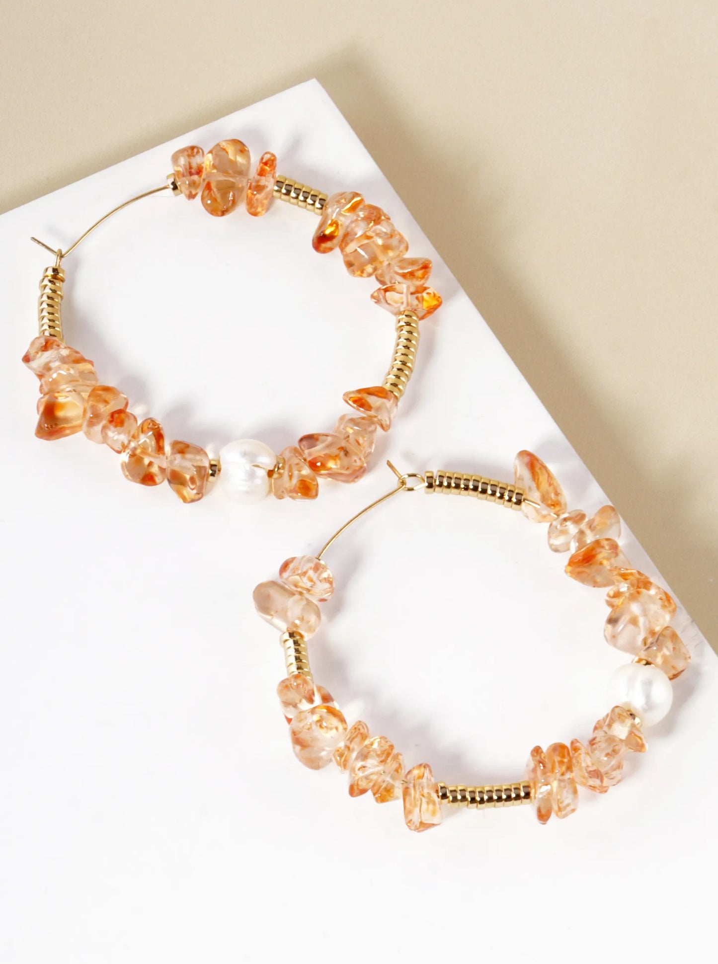Pearl With Chip Stone Beaded 50mm Wire Hoop Earrings