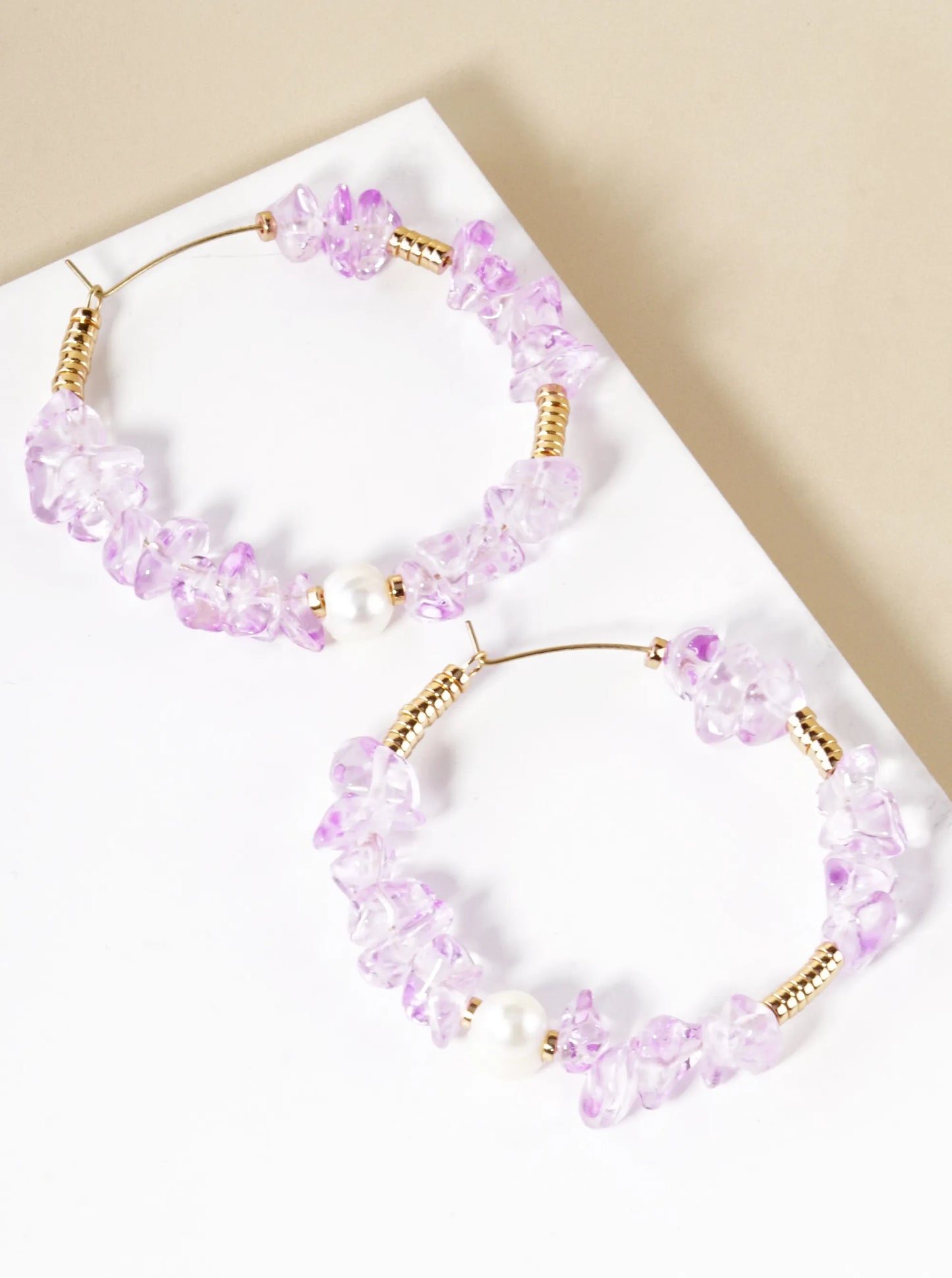 Pearl With Chip Stone Beaded 50mm Wire Hoop Earrings