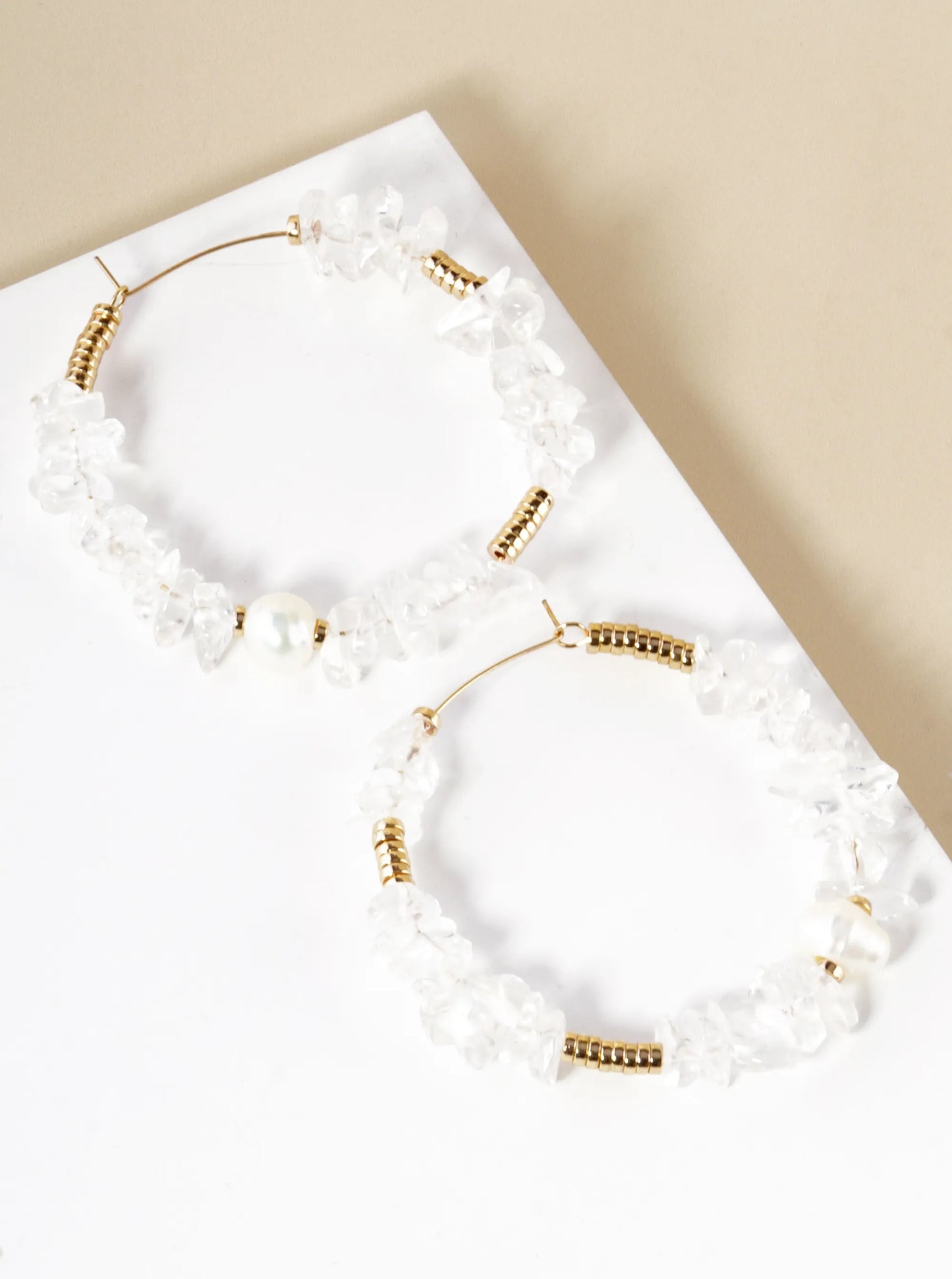 Pearl With Chip Stone Beaded 50mm Wire Hoop Earrings