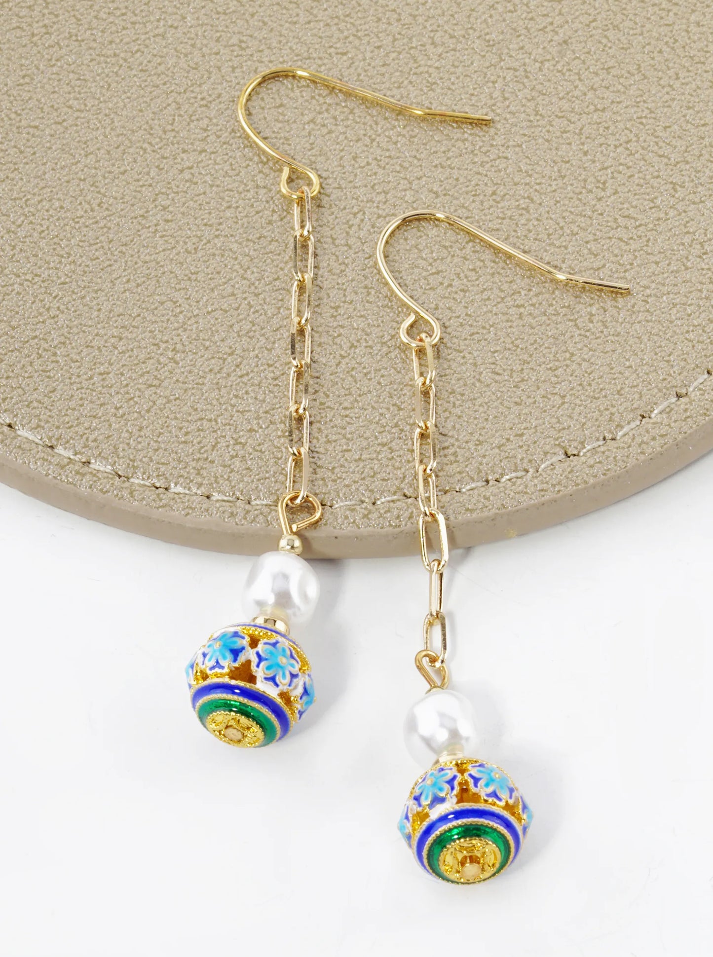 Pearl And Cloisonne Flower Bead Chain Drop Dangle Earrings