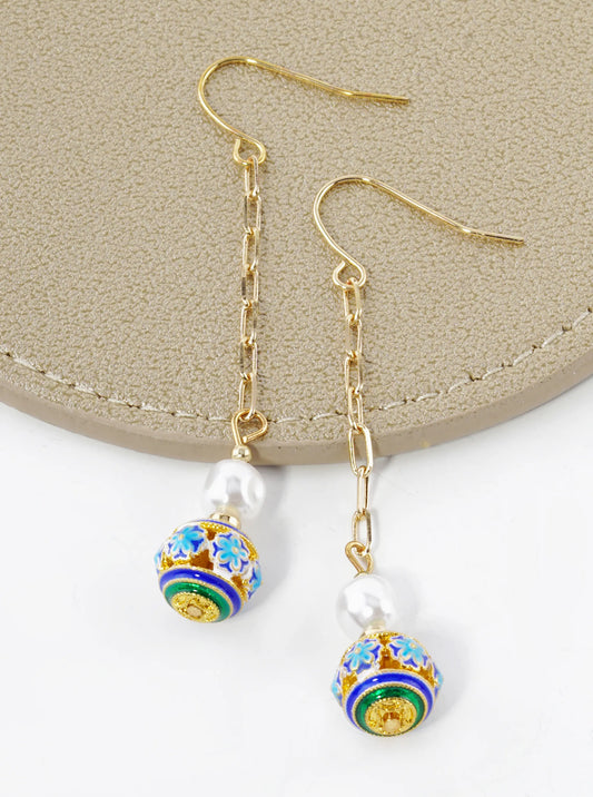 Pearl And Cloisonne Flower Bead Chain Drop Dangle Earrings