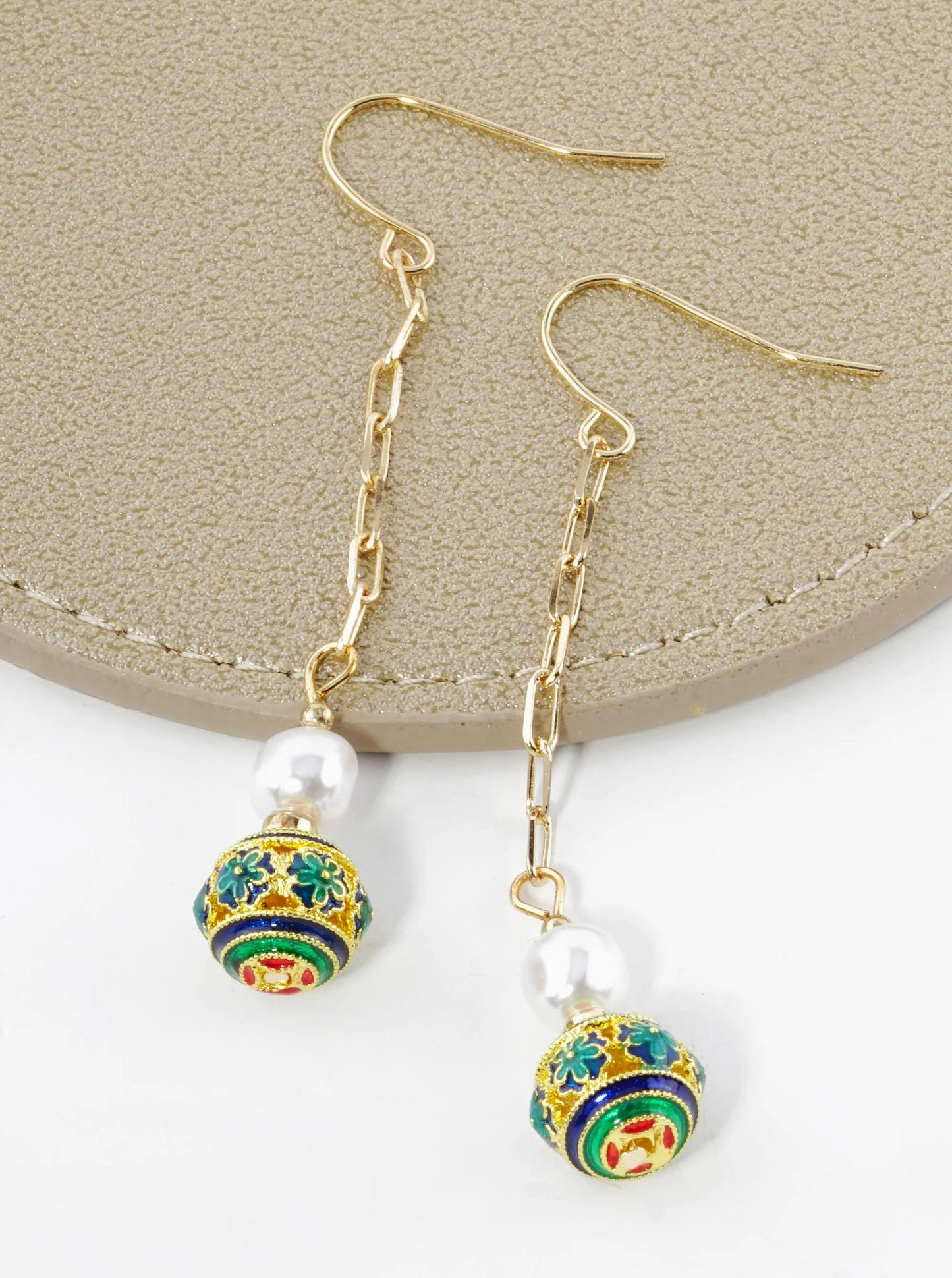 Pearl And Cloisonne Flower Bead Chain Drop Dangle Earrings
