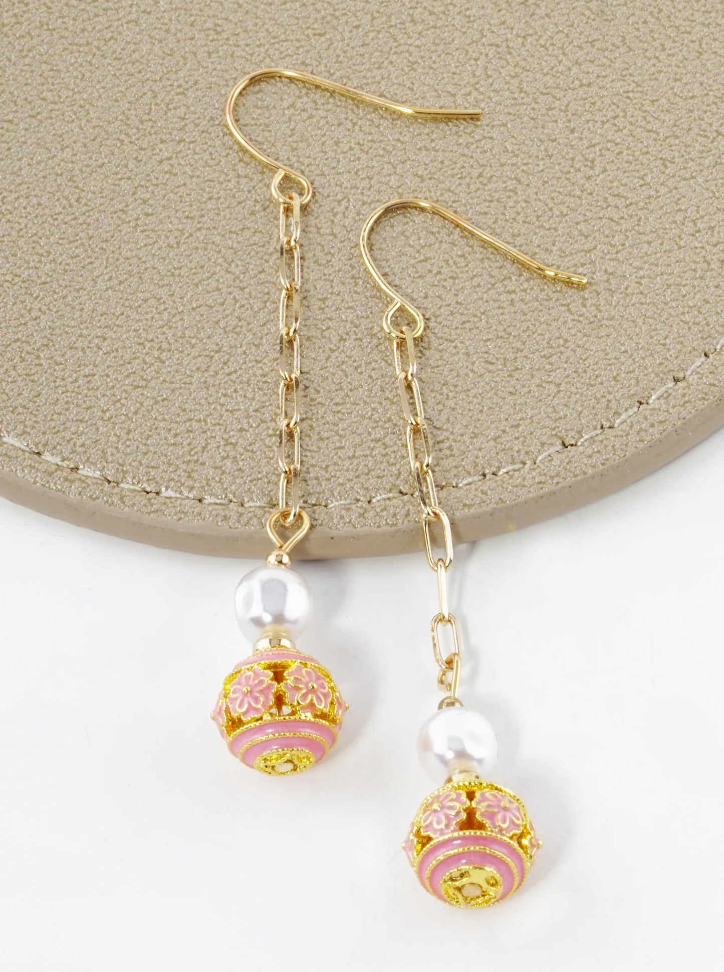 Pearl And Cloisonne Flower Bead Chain Drop Dangle Earrings