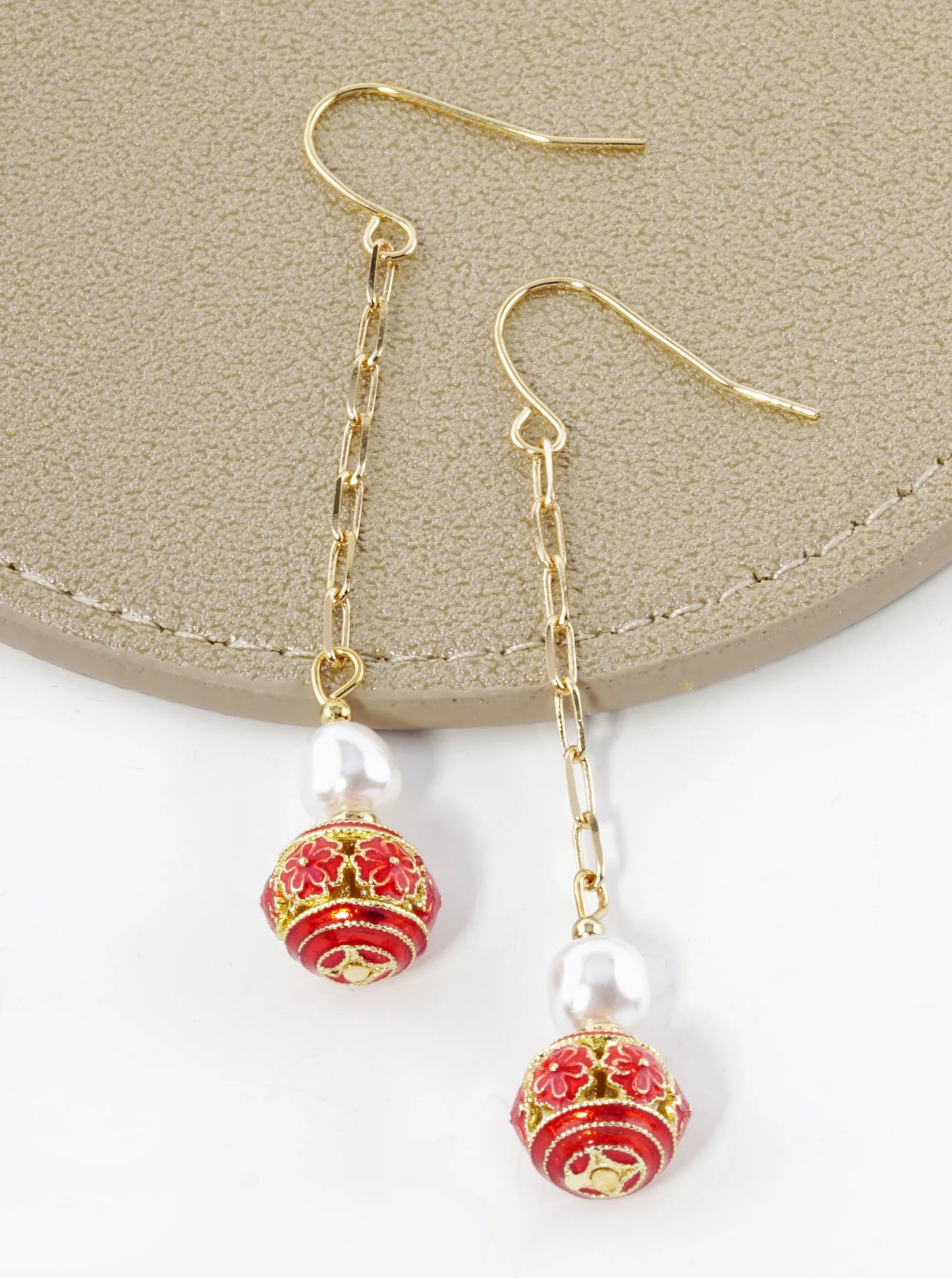 Pearl And Cloisonne Flower Bead Chain Drop Dangle Earrings