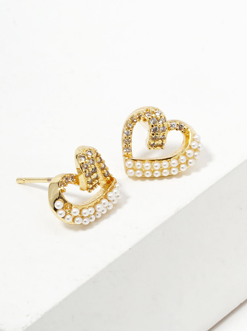 Pearl And Cubic-Zirconia Studded Heart-Shape 18K-Gold-Dipped Stud Earrings