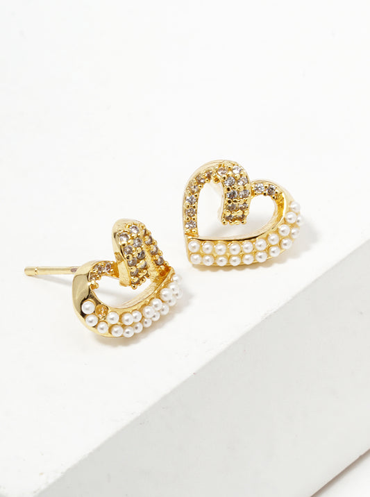 Pearl And Cubic-Zirconia Studded Heart-Shape 18K-Gold-Dipped Stud Earrings