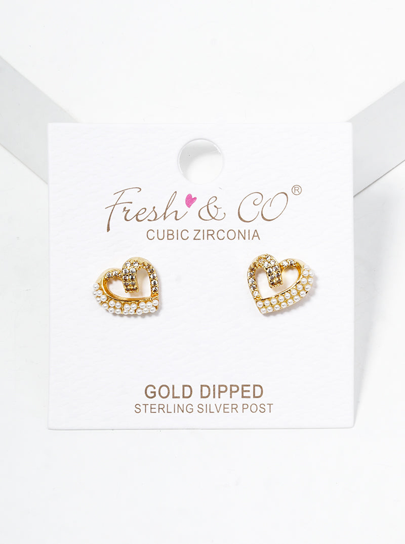 Pearl And Cubic-Zirconia Studded Heart-Shape 18K-Gold-Dipped Stud Earrings