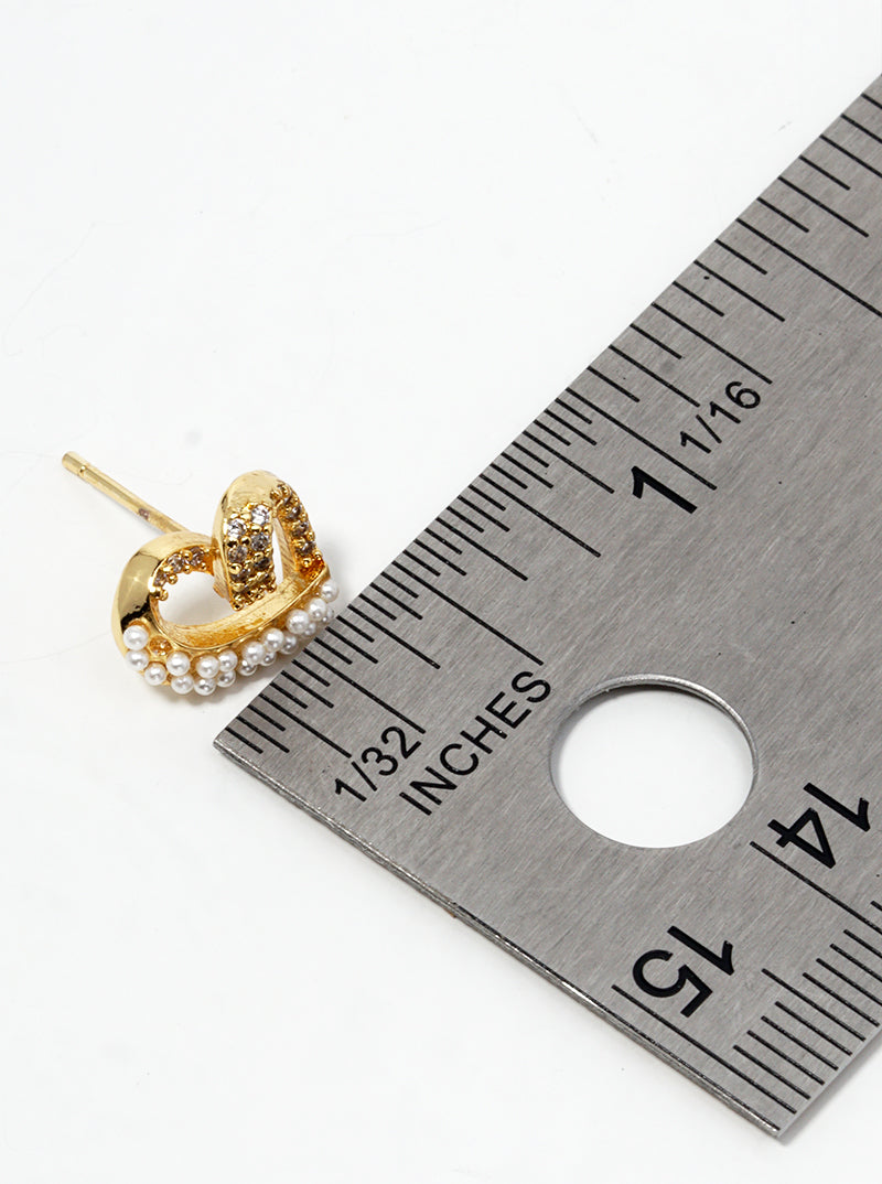 Pearl And Cubic-Zirconia Studded Heart-Shape 18K-Gold-Dipped Stud Earrings