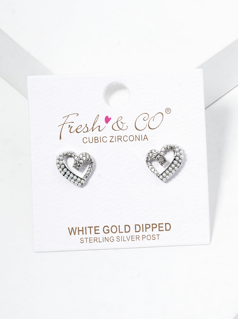 18K Gold Dipped CZ Pave Pearl Heart Post Stud Earrings