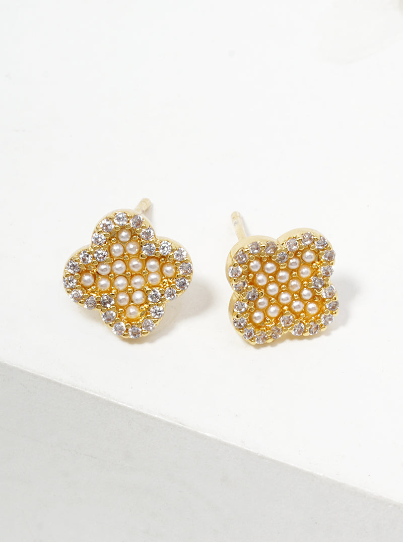 Pearl And Cubic-Zirconia Studded Quatrefoil-Shape 18K-Gold-Dipped Stud Earrings