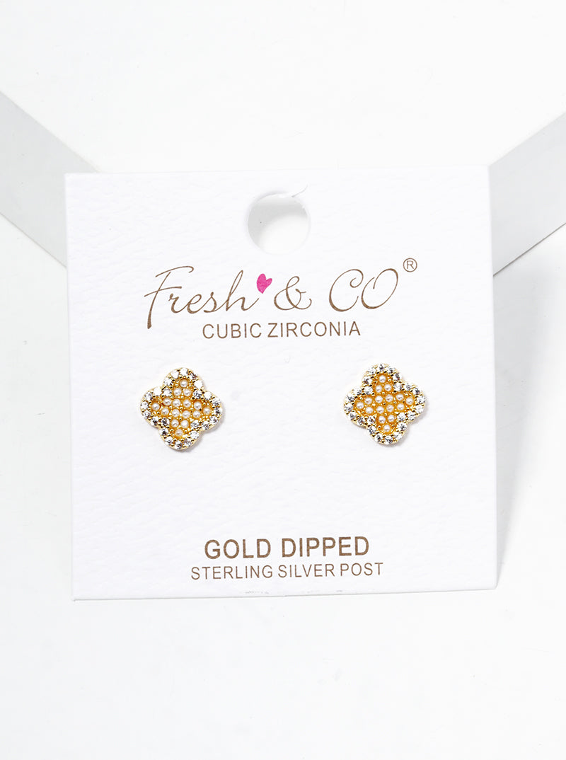 Pearl And Cubic-Zirconia Studded Quatrefoil-Shape 18K-Gold-Dipped Stud Earrings
