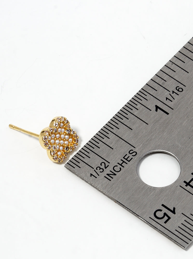 Pearl And Cubic-Zirconia Studded Quatrefoil-Shape 18K-Gold-Dipped Stud Earrings