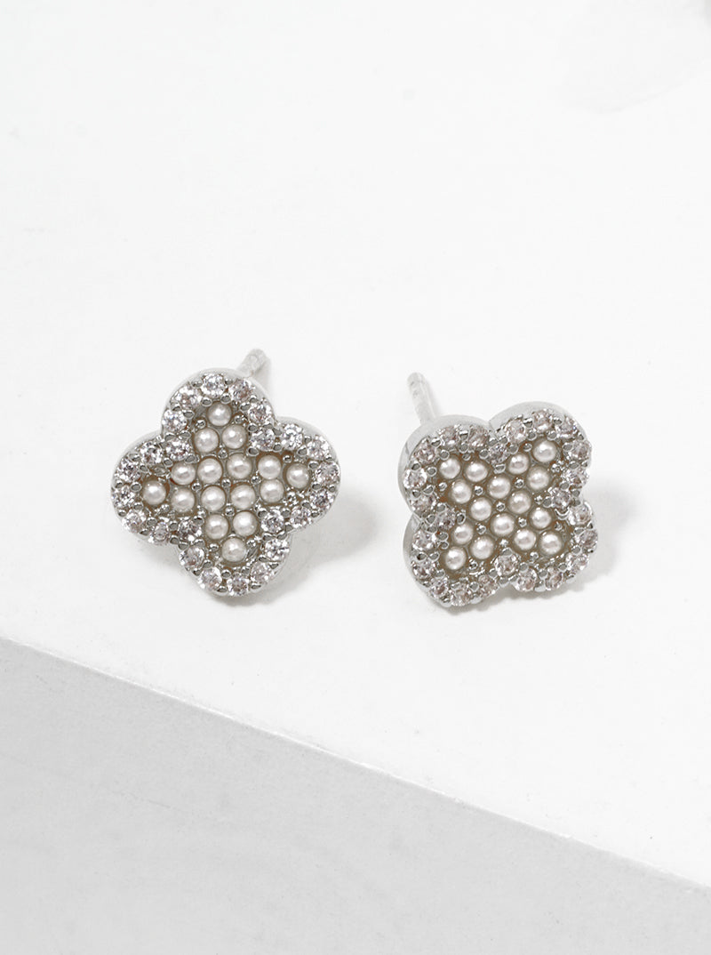 Pearl And Cubic-Zirconia Studded Quatrefoil-Shape 18K-Gold-Dipped Stud Earrings