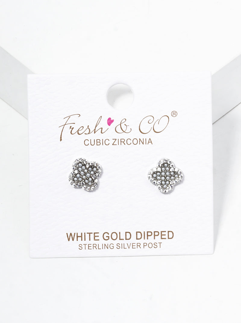 Pearl And Cubic-Zirconia Studded Quatrefoil-Shape 18K-Gold-Dipped Stud Earrings