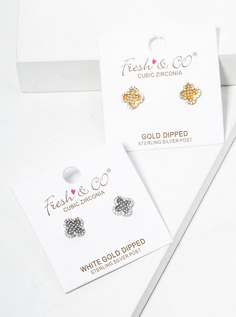 Pearl And Cubic-Zirconia Studded Quatrefoil-Shape 18K-Gold-Dipped Stud Earrings