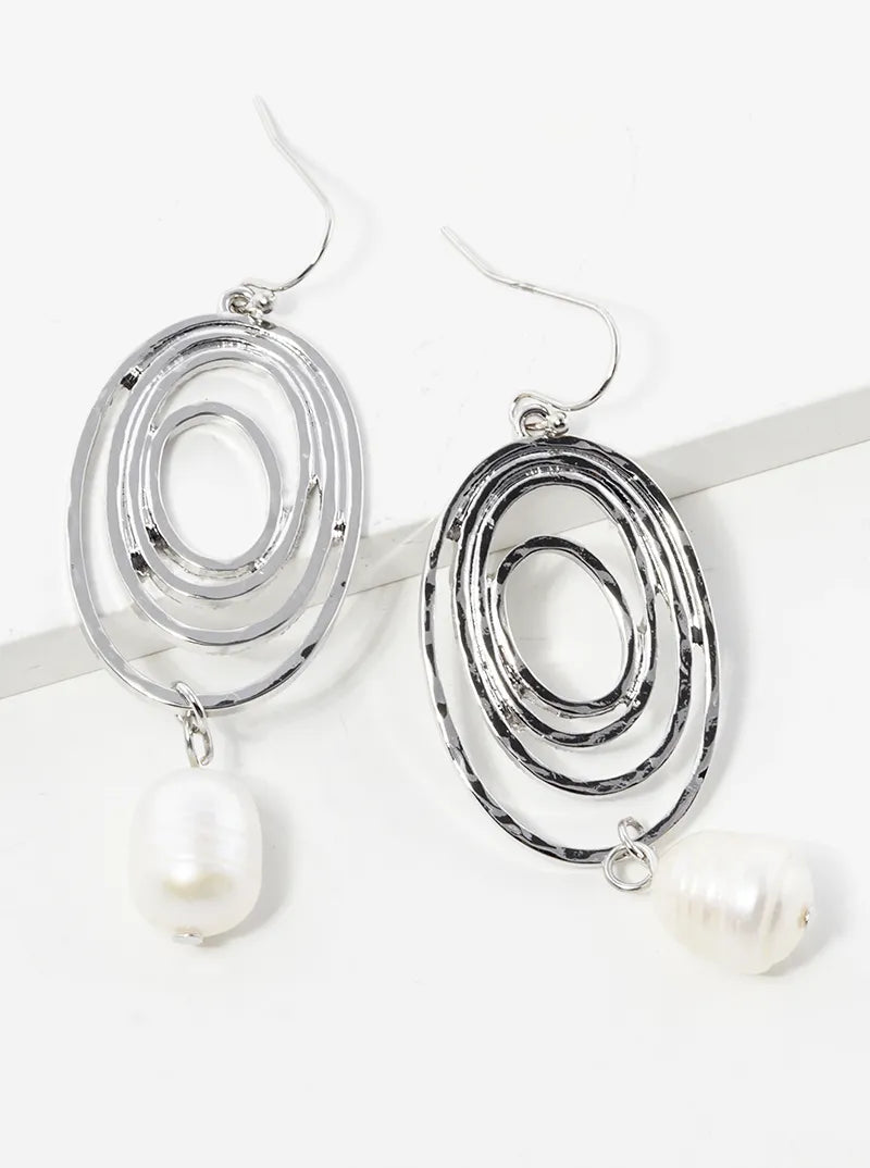 Pearl Bead Drop Hammer Textured Swirl Dangle Earrings