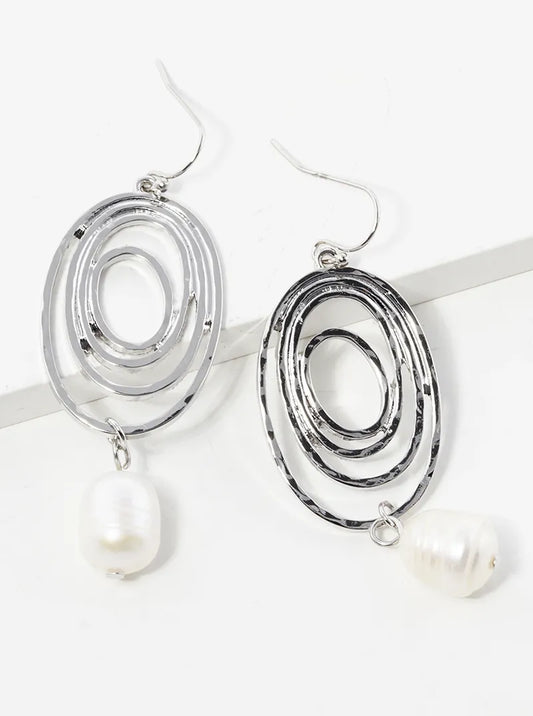 Pearl Bead Drop Hammer Textured Swirl Dangle Earrings