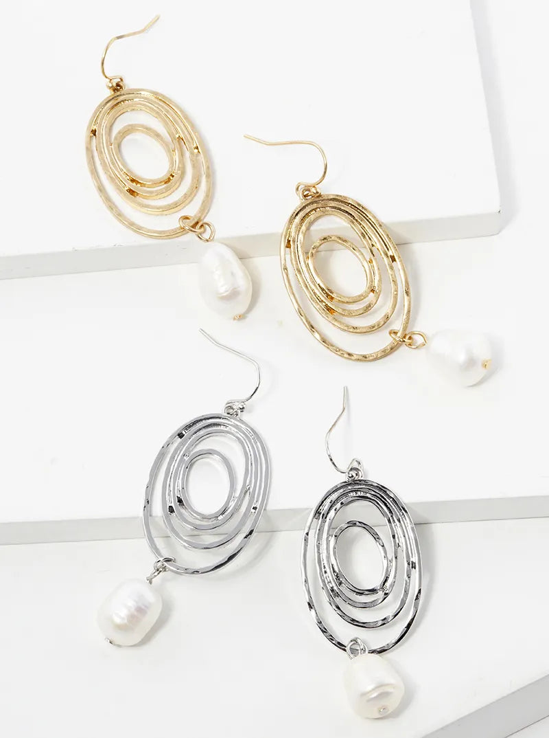 Pearl Bead Drop Hammer Textured Swirl Dangle Earrings