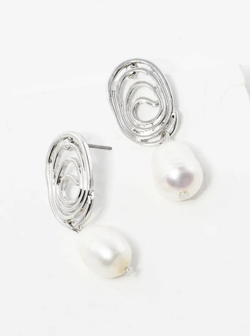 Pearl Bead Drop Hammer Textured Swirl Dangle Post Earrings