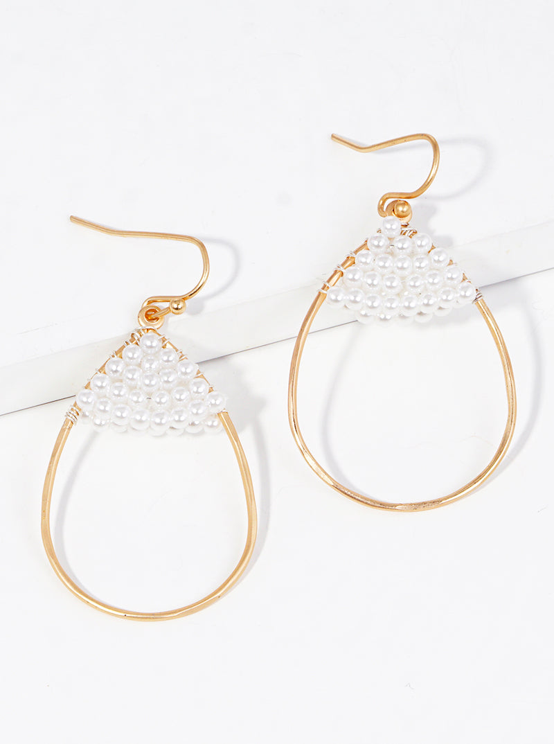 Pearl Bead Wire Wrapped Teardrop Dangle Drop Earrings