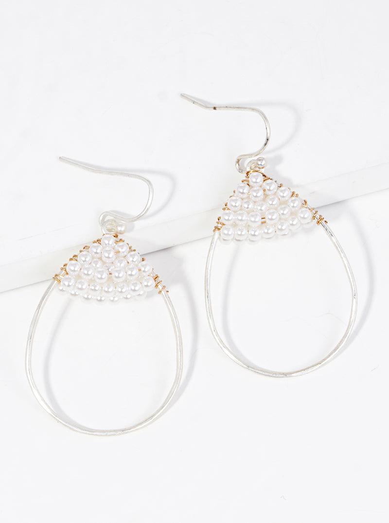 Pearl Bead Wire Wrapped Teardrop Dangle Drop Earrings