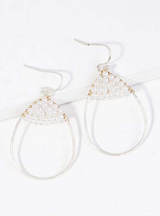 Pearl Bead Wire Wrapped Teardrop Dangle Drop Earrings