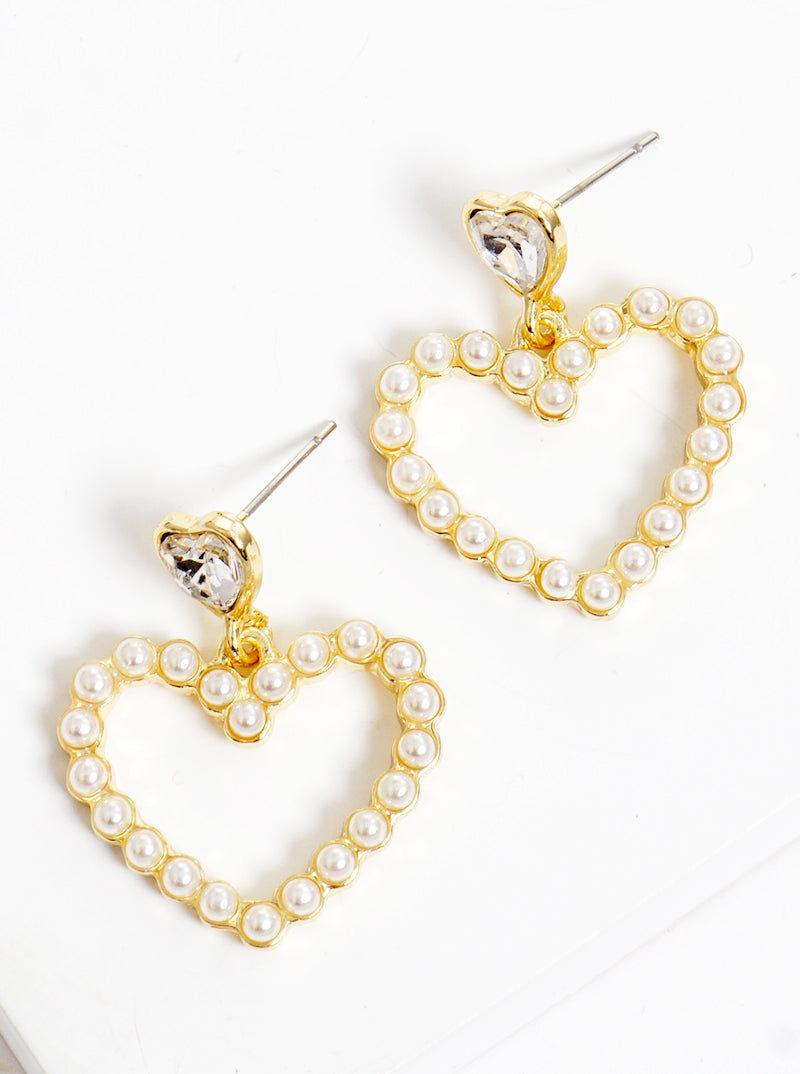 Pearl Beaded Heart Dangle Drop Post Earrings