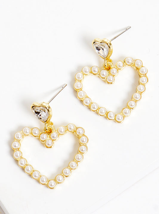 Pearl Beaded Heart Dangle Drop Post Earrings