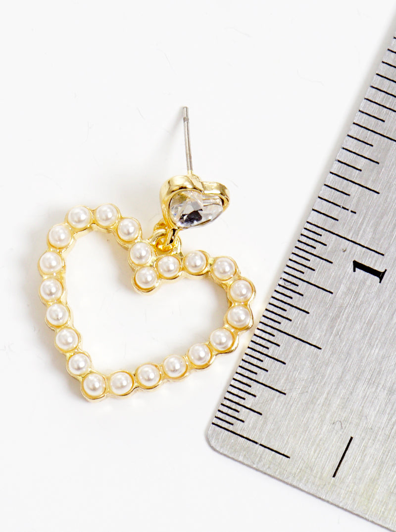 Pearl Beaded Heart Dangle Drop Post Earrings