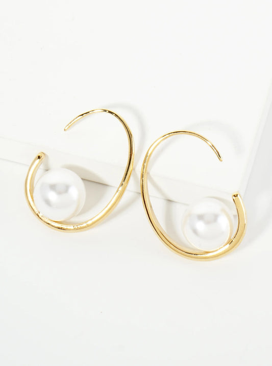 Pearl In The Center 14K-Gold-Dipped 25mm Sleek Hoop Earrings
