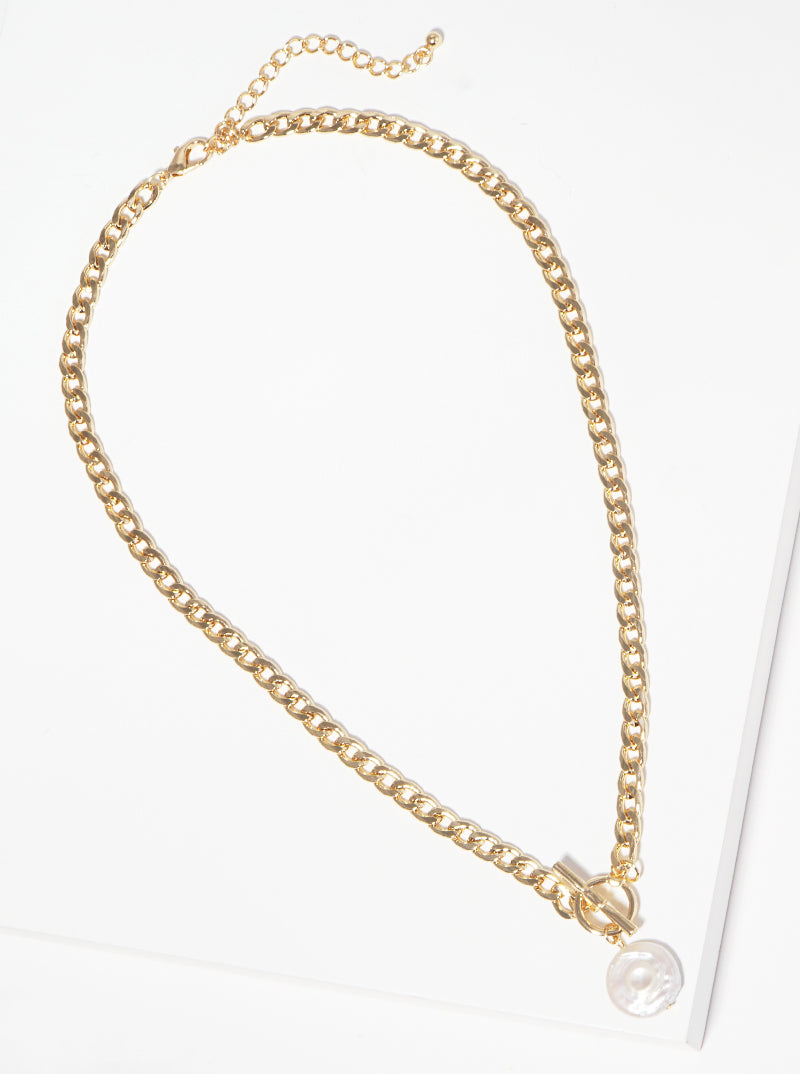 Pearl Pendant Toggle Clasp Metal Chain Necklace