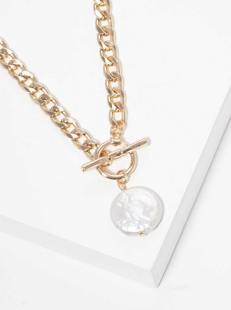 Pearl Pendant Toggle Clasp Metal Chain Necklace