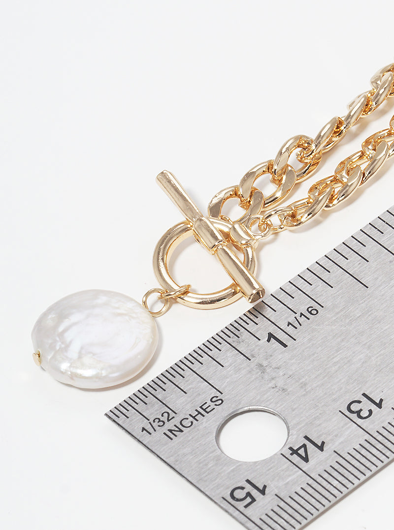 Pearl Pendant Toggle Clasp Metal Chain Necklace