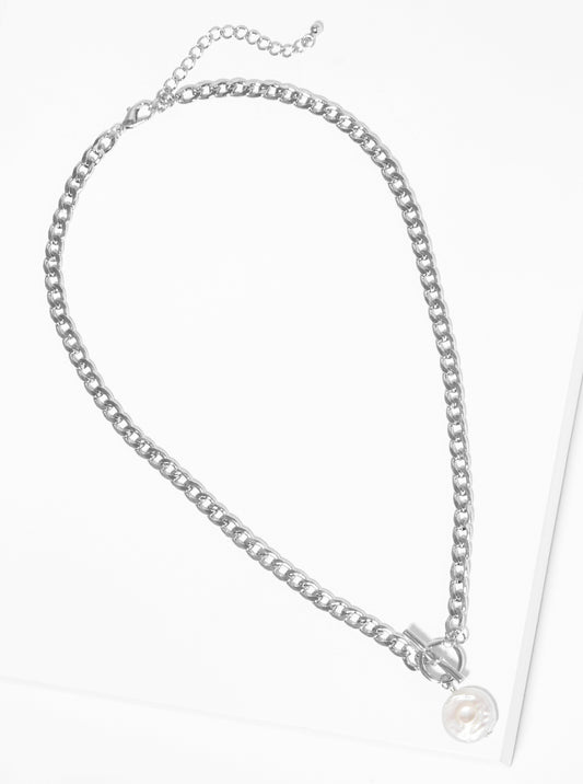 Pearl Pendant Toggle Clasp Metal Chain Necklace