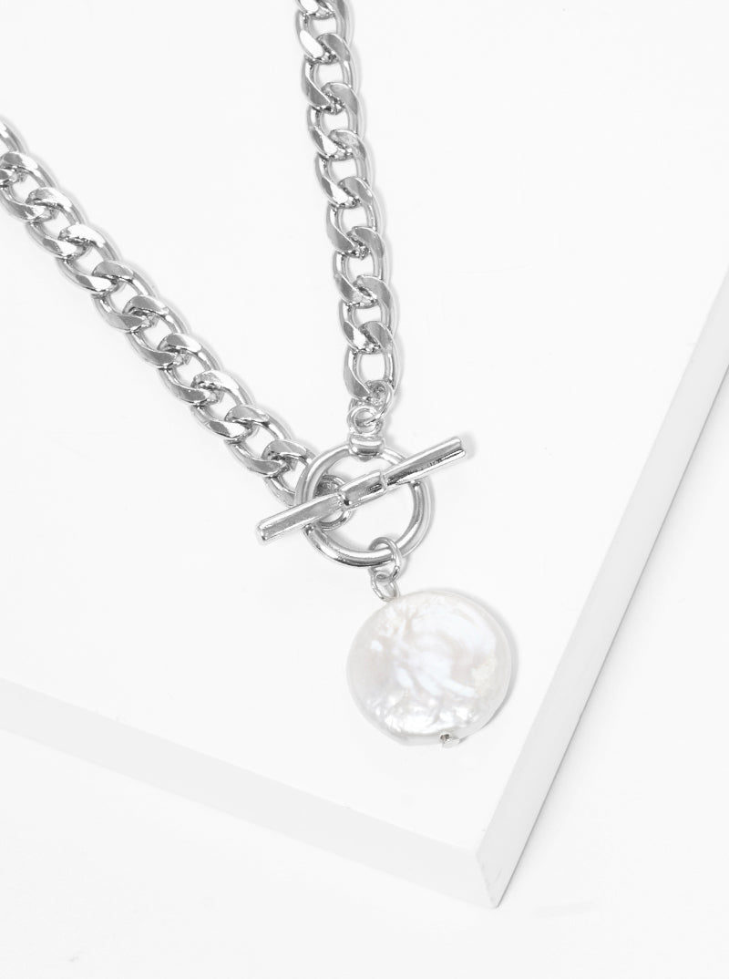 Pearl Pendant Toggle Clasp Metal Chain Necklace