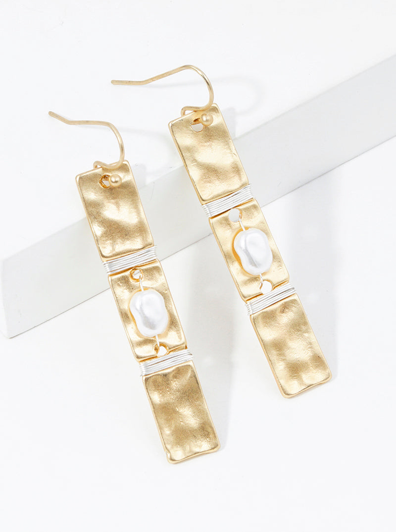 Pearl Wire Wrapped Hammer Textured Bar Dangle Drop Earrings